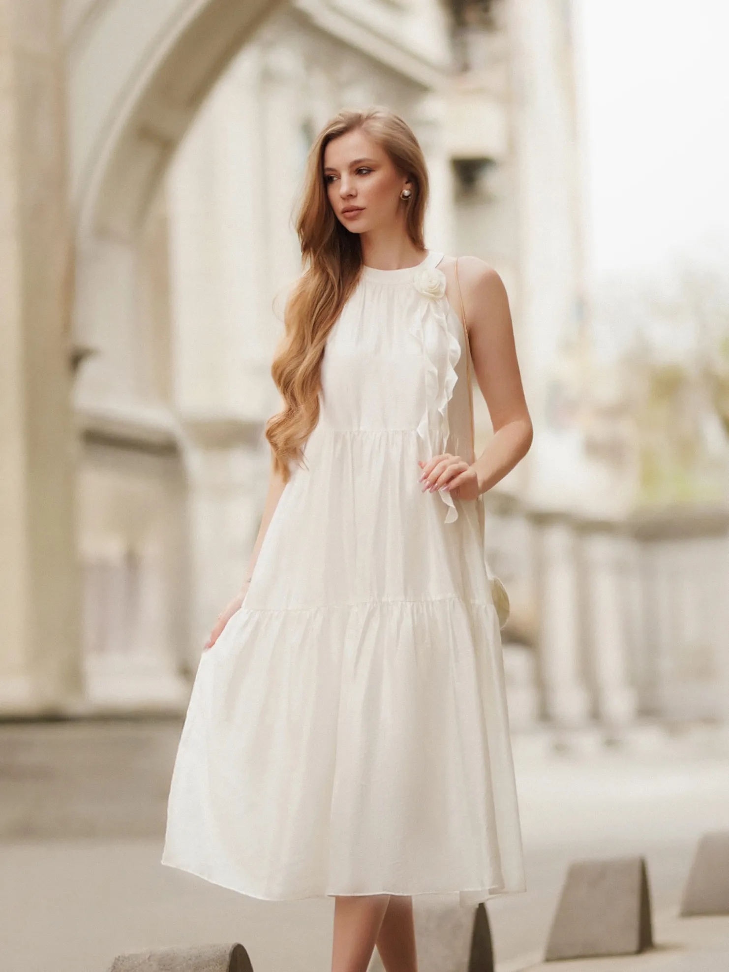 Tencel Blend Halter Maxi Dress With Detachable Flower - Goelia Singapore