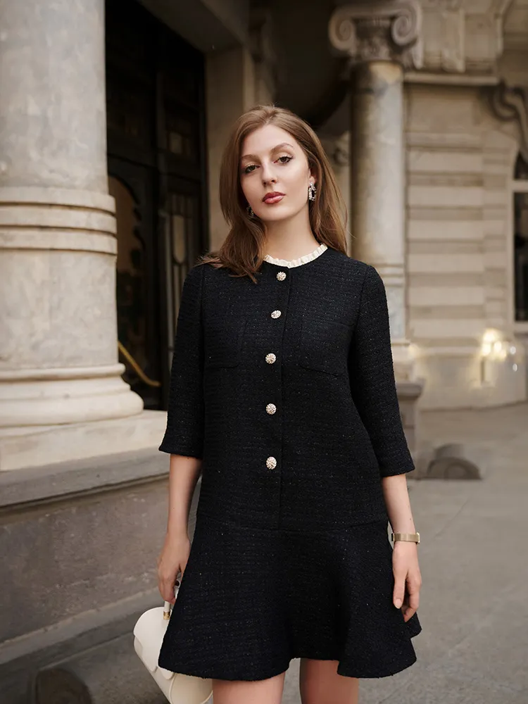 Tweed A-Line Ruffle Collared Women Midi Dress - Goelia Singapore