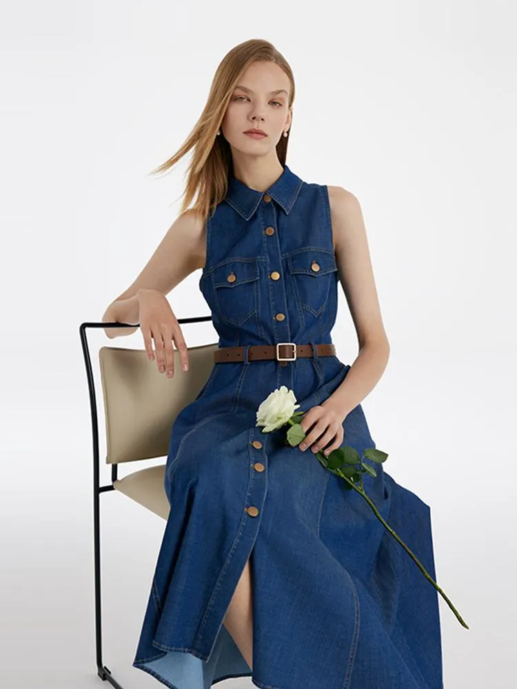 Denim Lapel Women Midi Vest Dress With Belt - Goelia Singapore