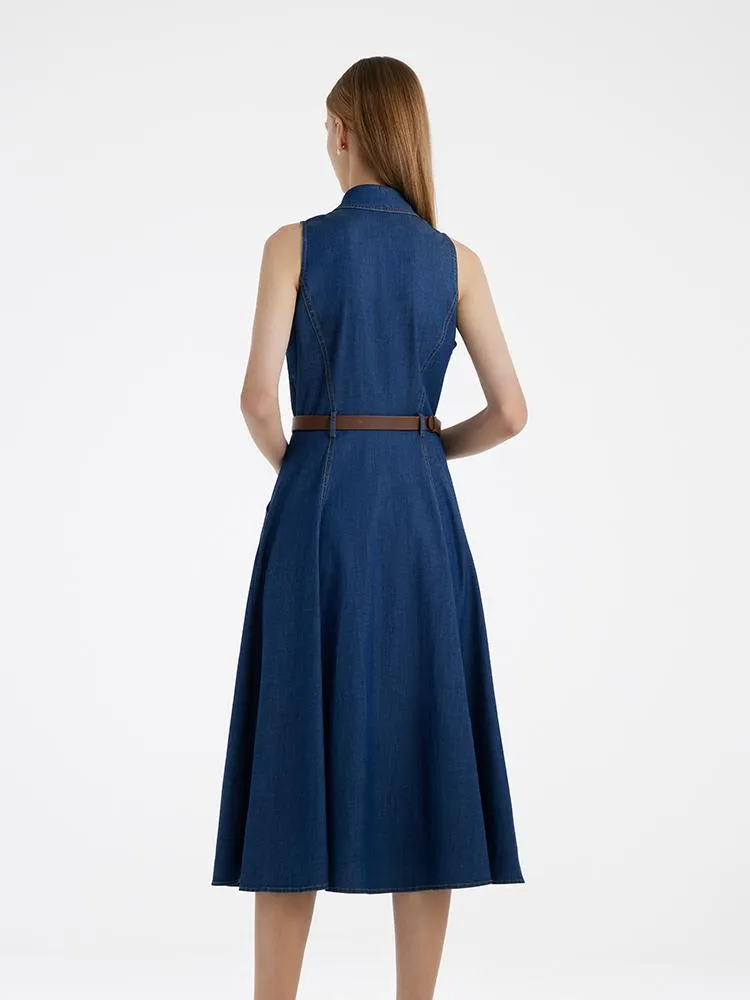 Denim Lapel Women Midi Vest Dress With Belt - Goelia Singapore Denim Lapel Women Midi Vest Dress With Belt - Goelia Singapore