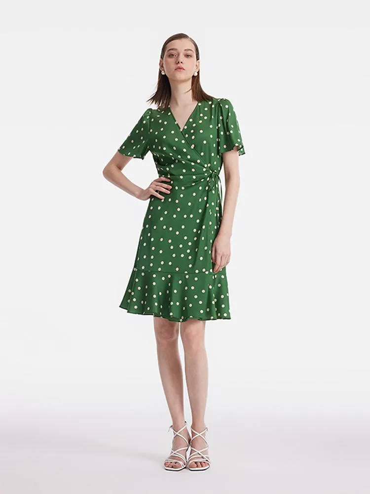19 Momme Mulberry Silk Polka Dots Print Ruffle Women Mini Dress With Scrunchie - Goelia Singapore 19 Momme Mulberry Silk Polka Dots Print Ruffle Women Mini Dress With Scrunchie - Goelia Singapore