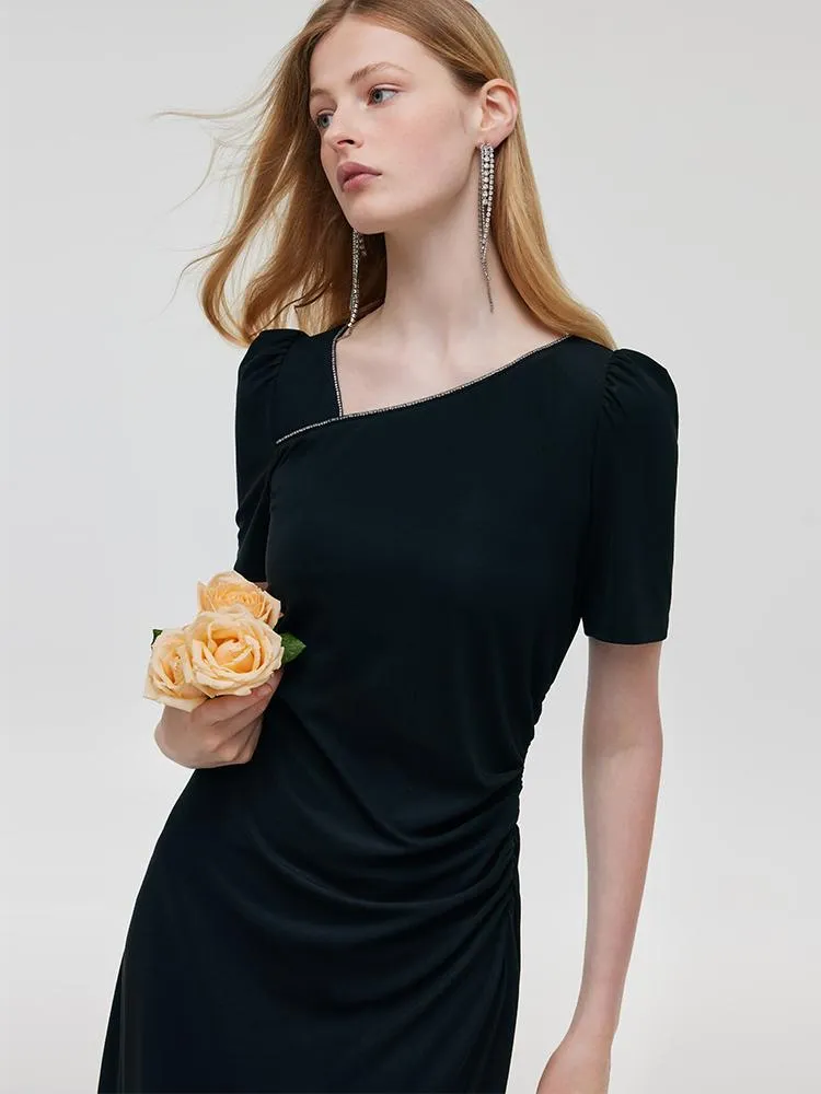 Acetate Asymmetric Neck Women Midi Dress - Goelia Singapore