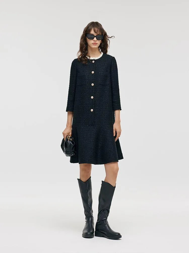 Tweed A-Line Ruffle Collared Women Midi Dress - Goelia Singapore