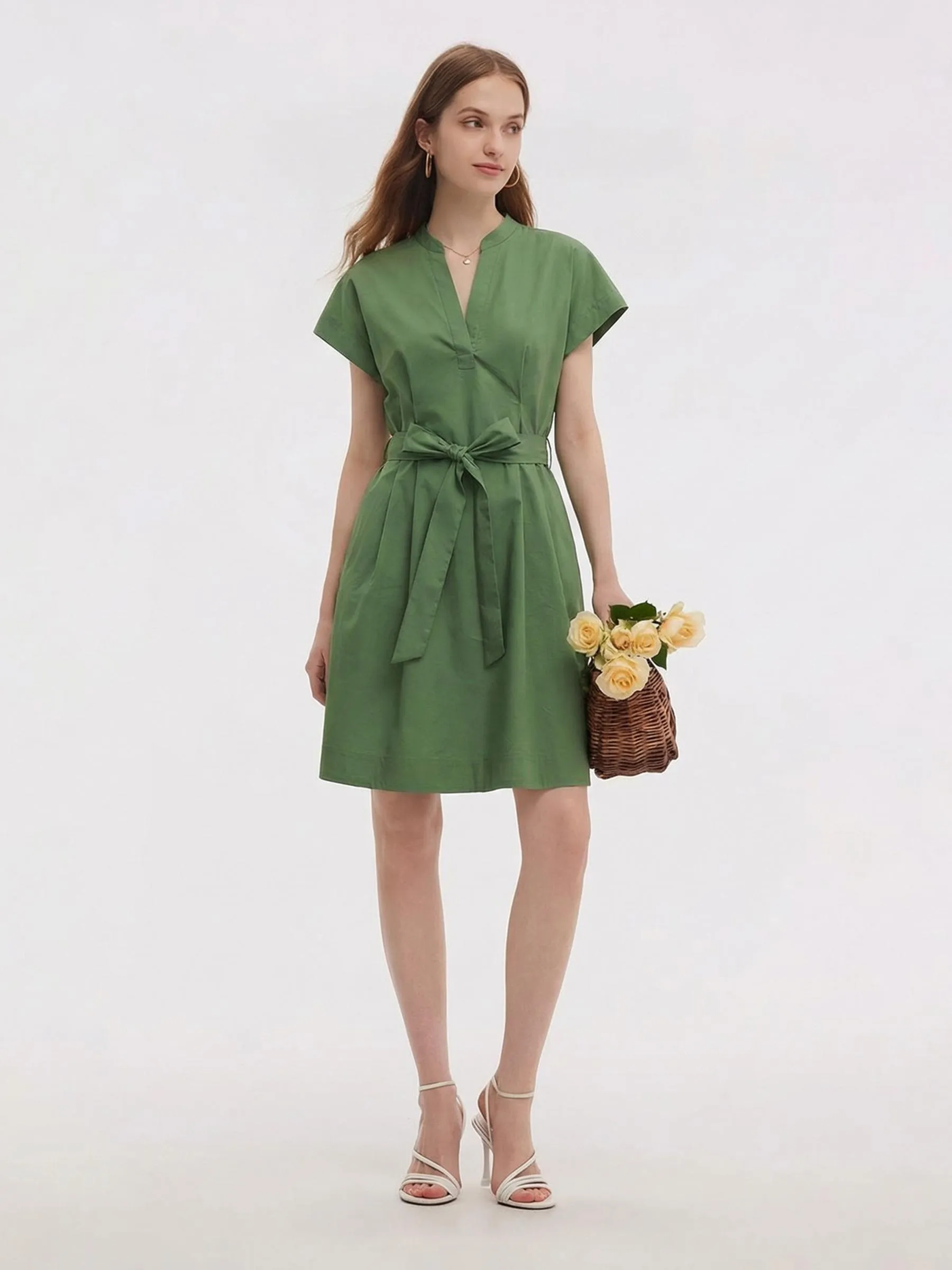 Cotton Gathered Waist Women Belted Mini Dress - Goelia Singapore Cotton Gathered Waist Women Belted Mini Dress - Goelia Singapore