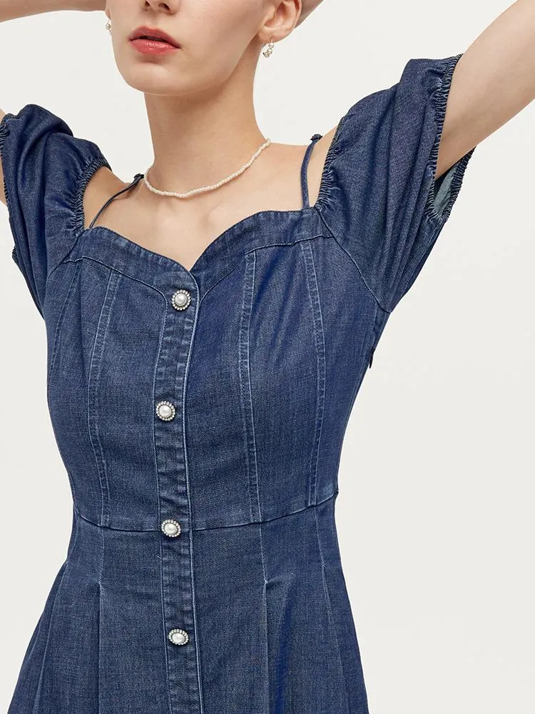 Lyocell Denim Gathered Waist Stretch Women Midi Dress - Goelia Singapore