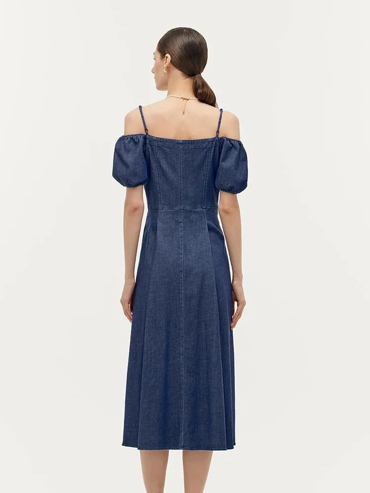Lyocell Denim Gathered Waist Stretch Women Midi Dress - Goelia Singapore