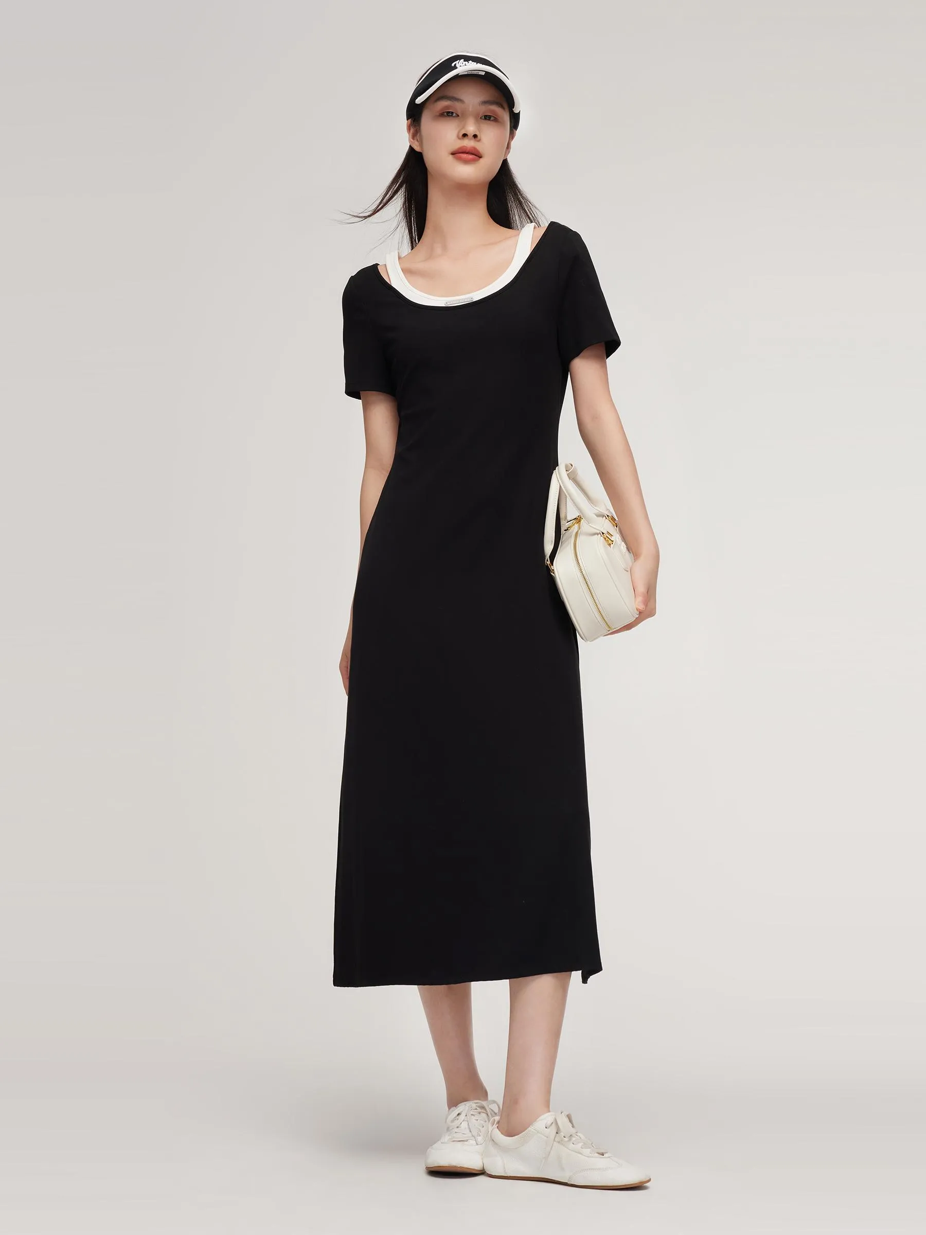 Pre-Order Faux Two-Piece Patchwork Slim Fit Women T-Shirt Maxi Dress -  Goelia Singapore