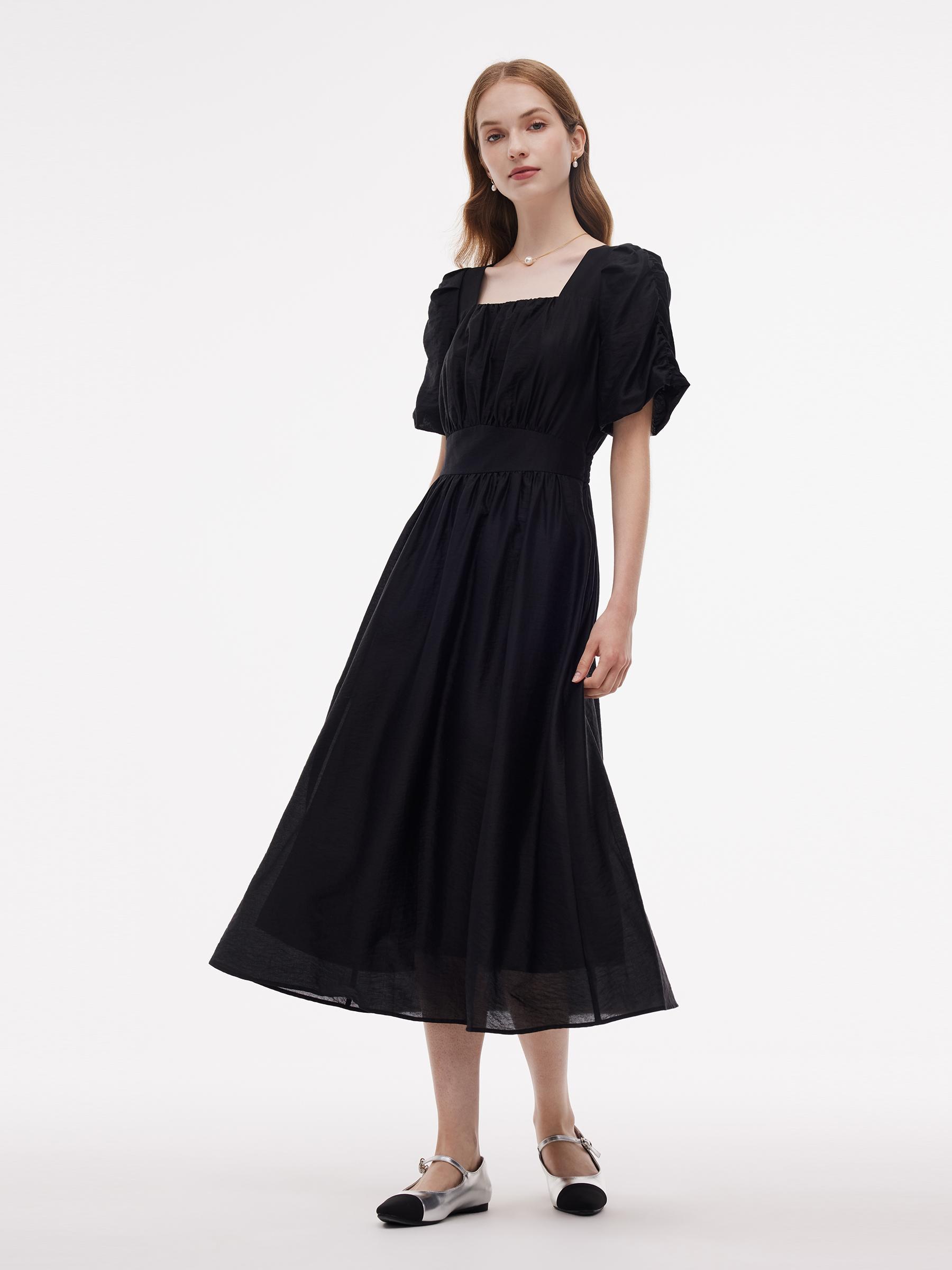 Tencel Blend Square Neck Women Puff Sleeve Maxi Dress - Goelia