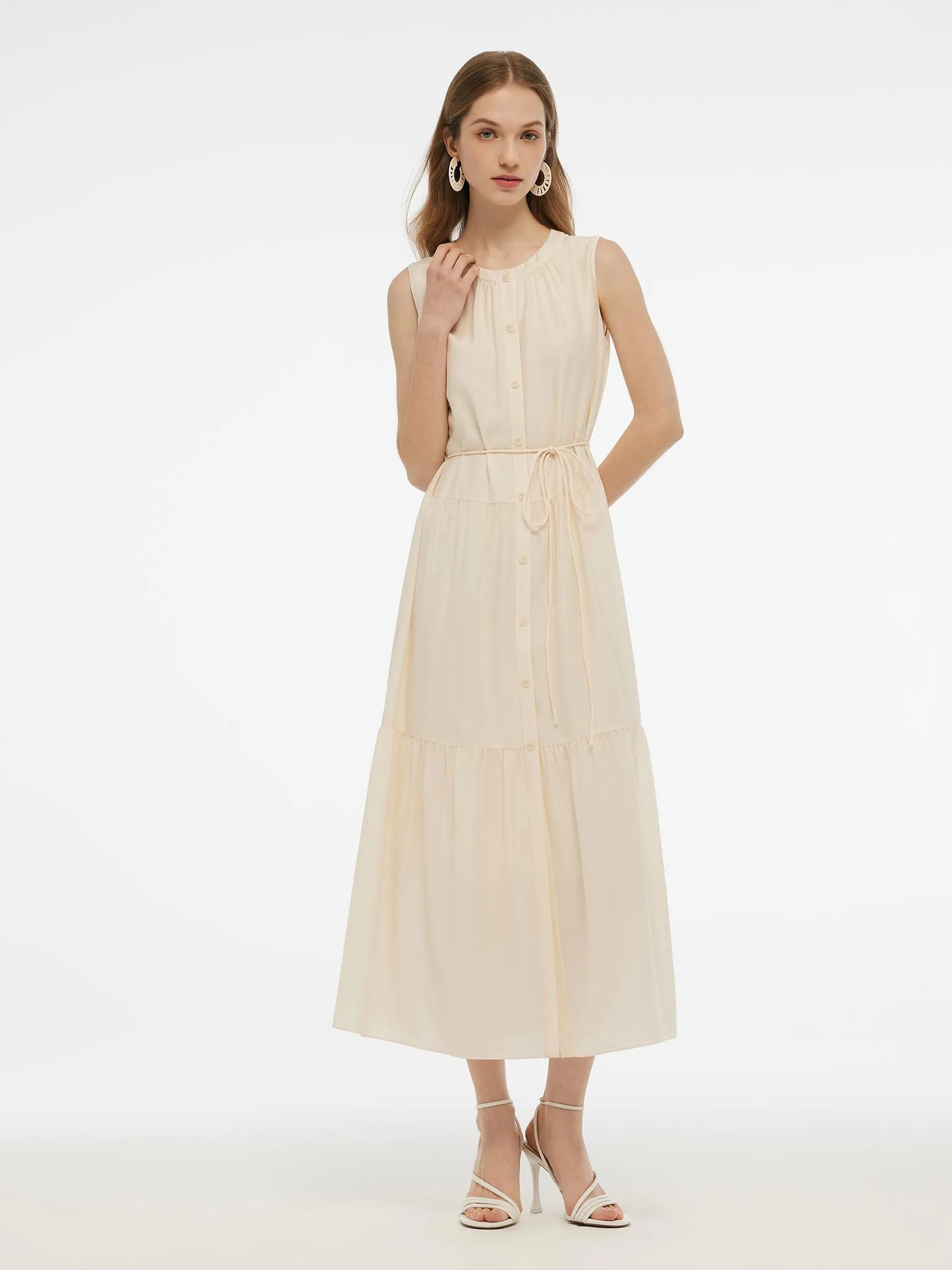 Acetate Blend Loose Fit Women A-Line Maxi Vest Dress With Belt - Goelia  Singapore