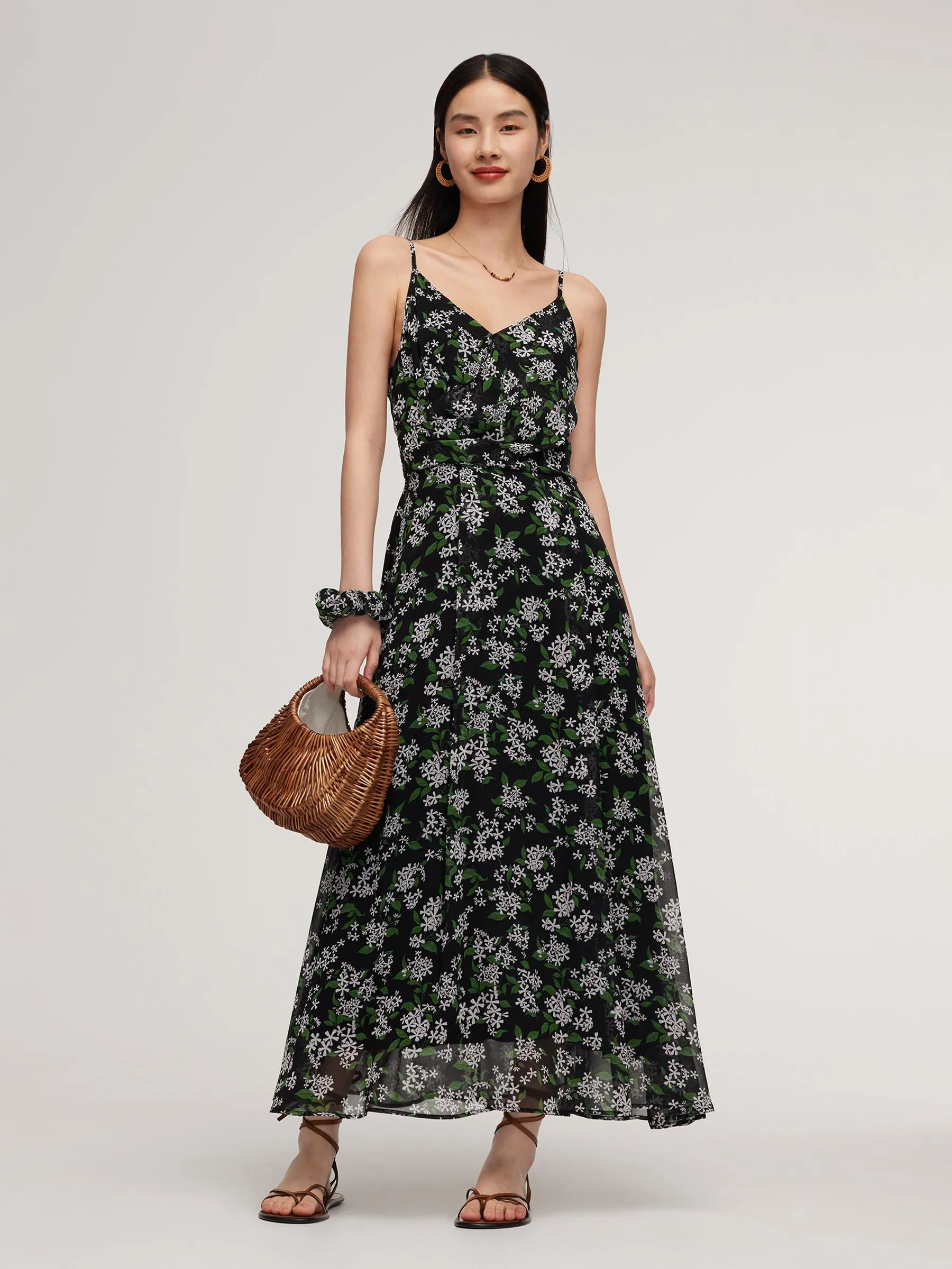 10MM Mulberry Silk Floral Print Women Strap Maxi Dress With Scrunchie -  Goelia Singapore
