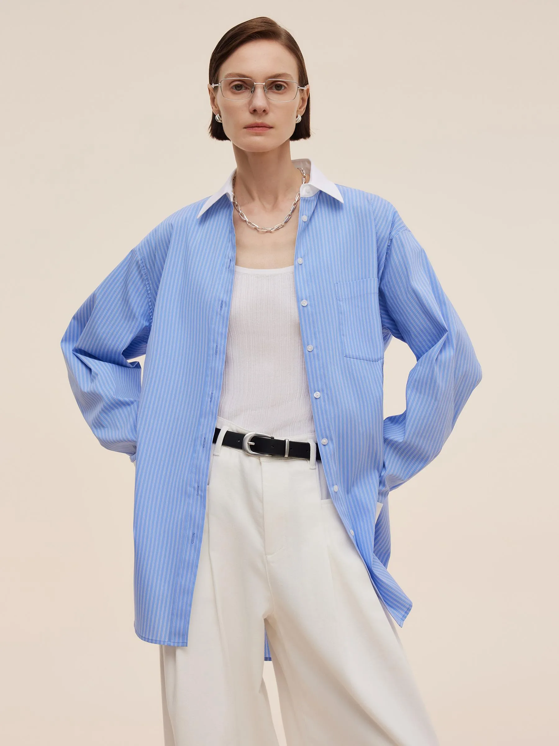 Color Block Stripe Women Oversized Shirt - Goelia Singapore