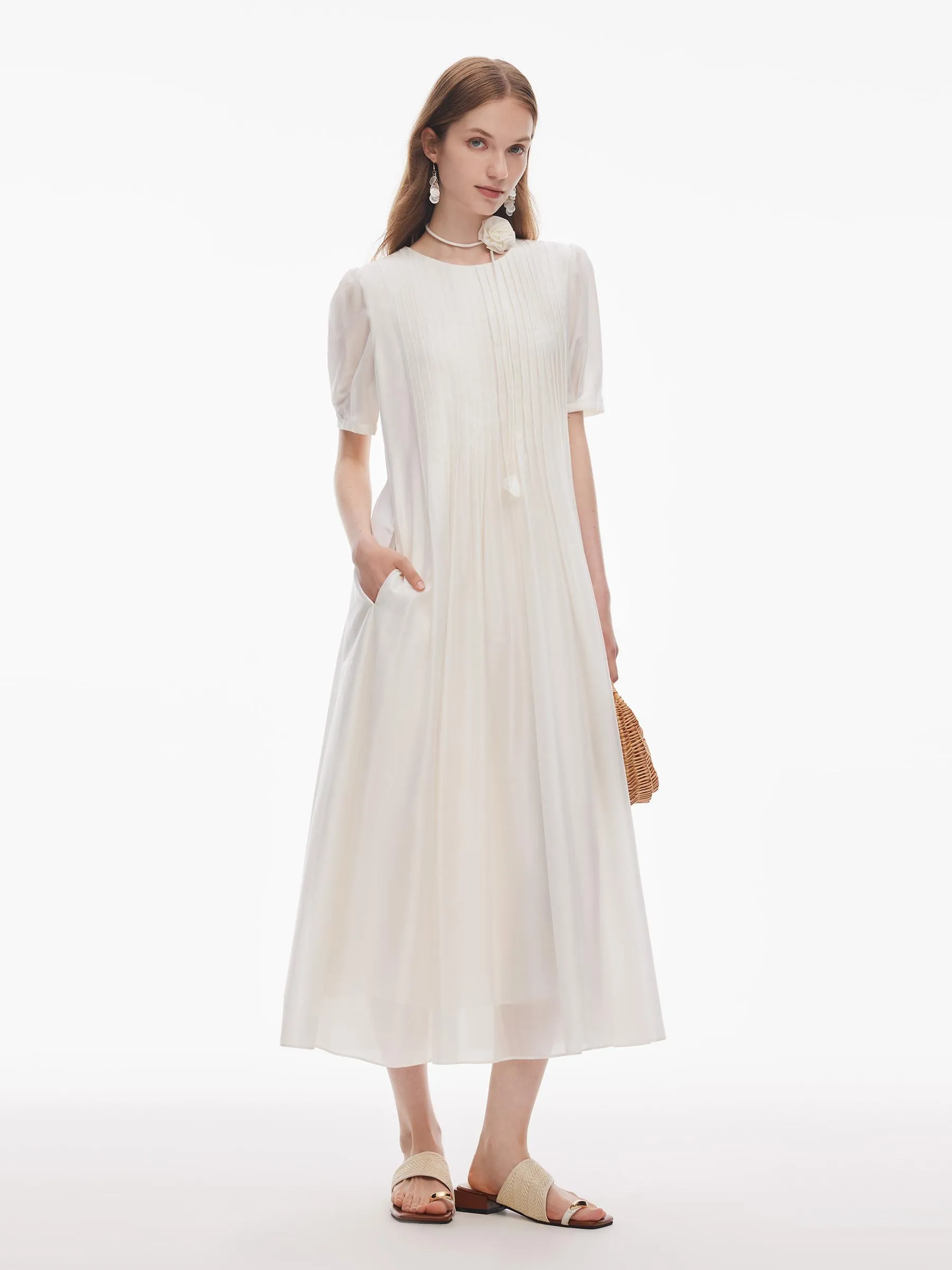 Tencel Blend Pleated Women Loose A-Line Maxi Dress - Goelia Singapore