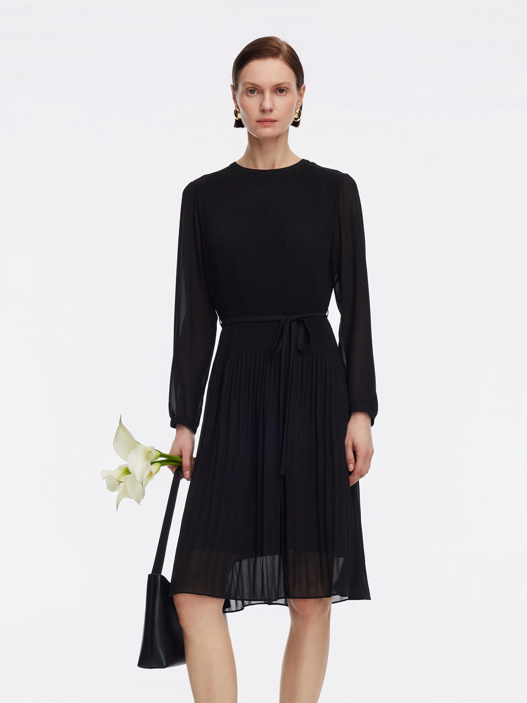 A-Line Pleated Self-Tie Belt Women Midi Dress - Goelia Singapore