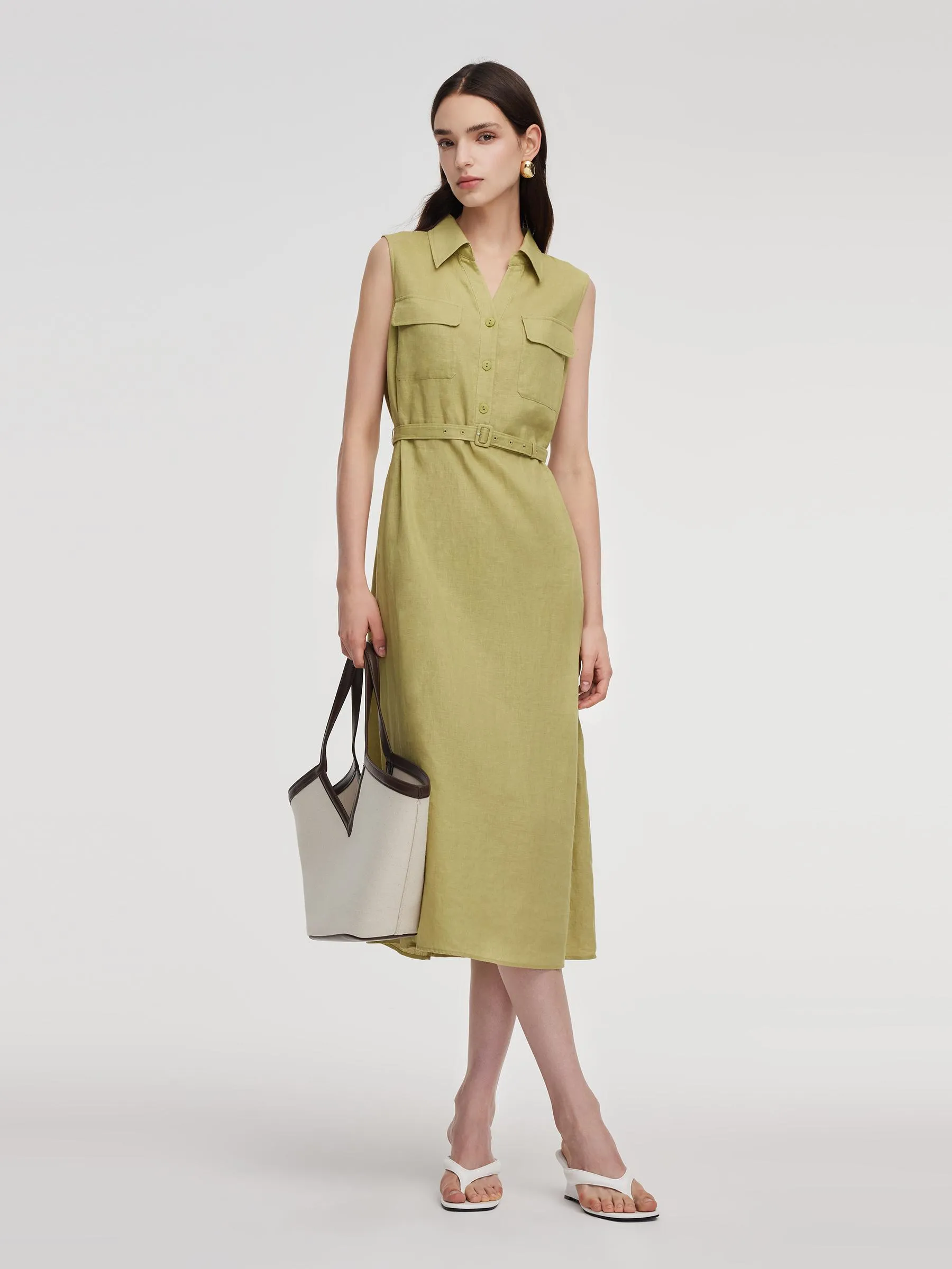 100% Linen Sleeveless Women Maxi Shirt Dress With Belt - Goelia Singapore 100% Linen Sleeveless Women Maxi Shirt Dress With Belt - Goelia Singapore