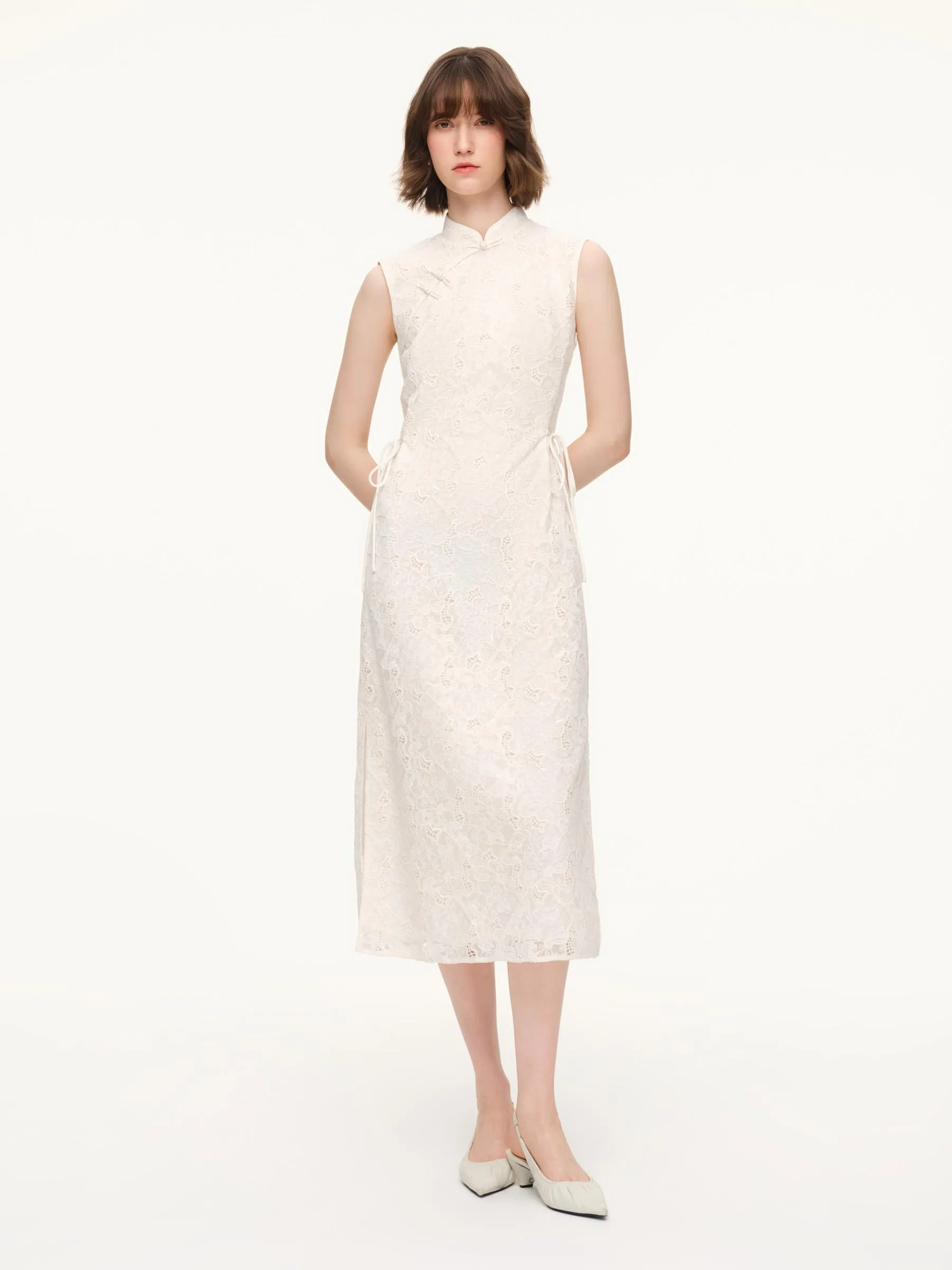 Lace Sleeveless Women Qipao Midi Dress - Goelia Singapore