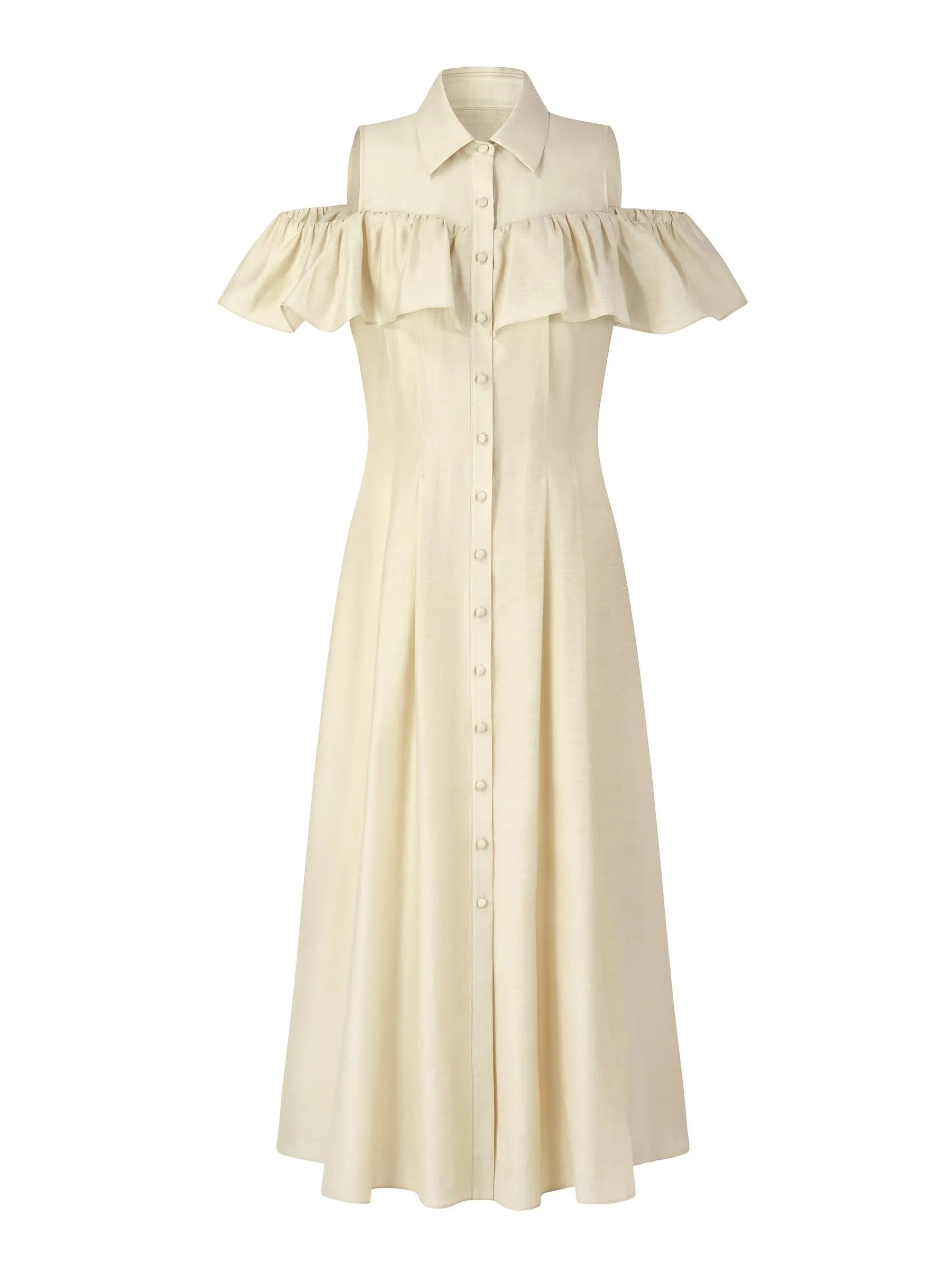 Tencel Acetate Linen Blend Cold Shoulder Women Maxi Dress - Goelia