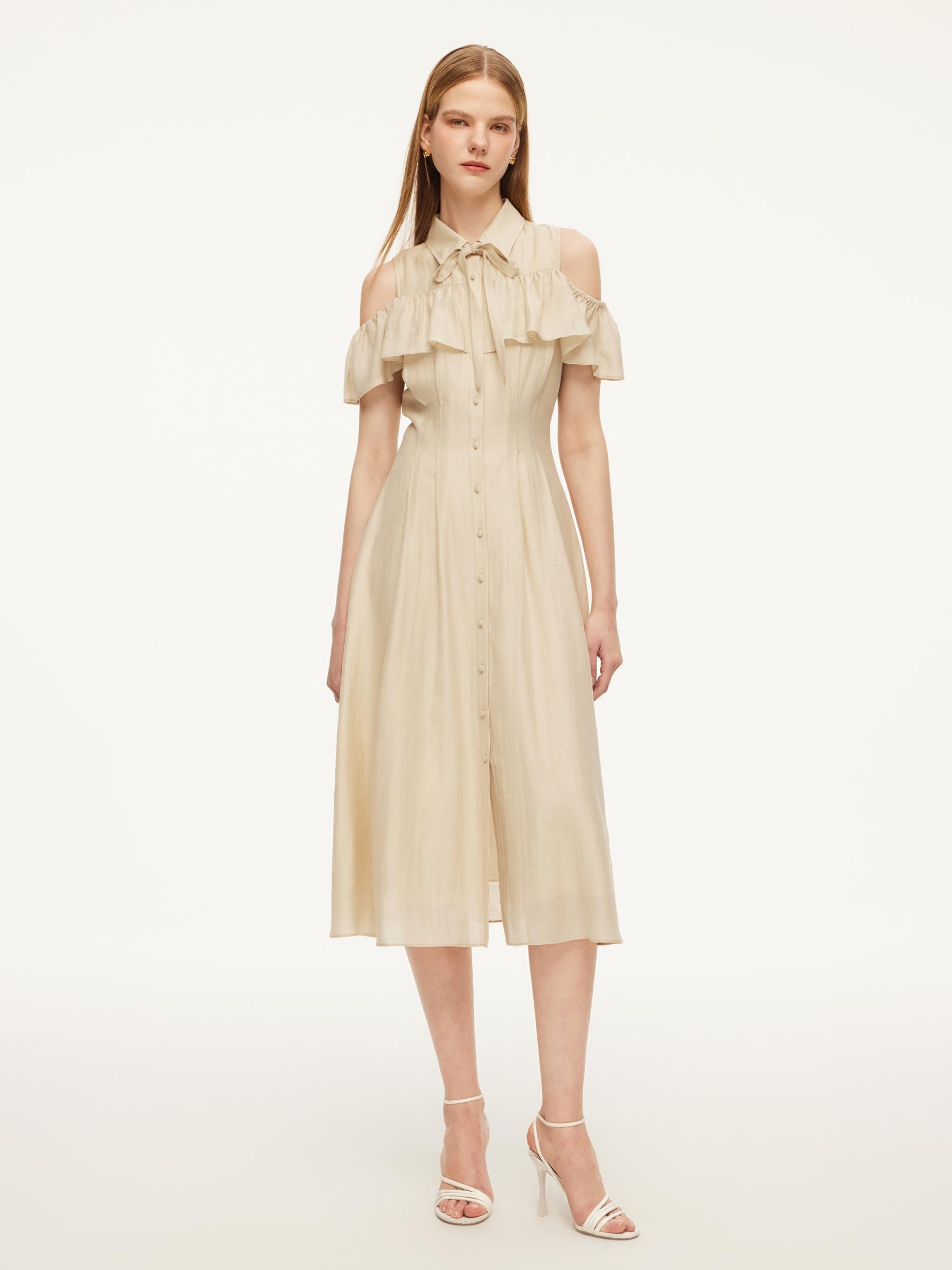Tencel Acetate Linen Blend Cold Shoulder Women Maxi Dress - Goelia