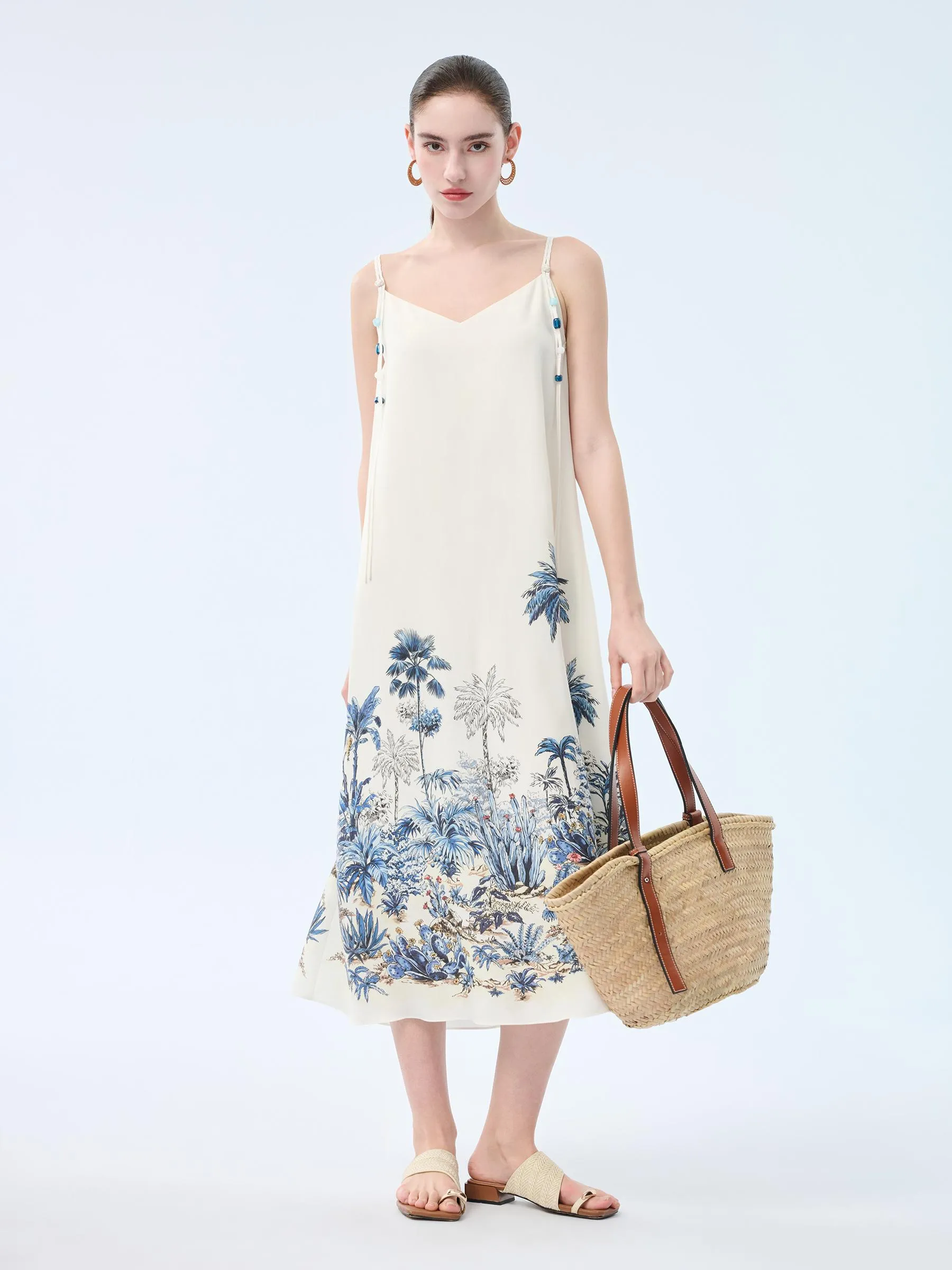Tencel Linen Blend Floral Print Women Strap Maxi Dress - Goelia Singapore