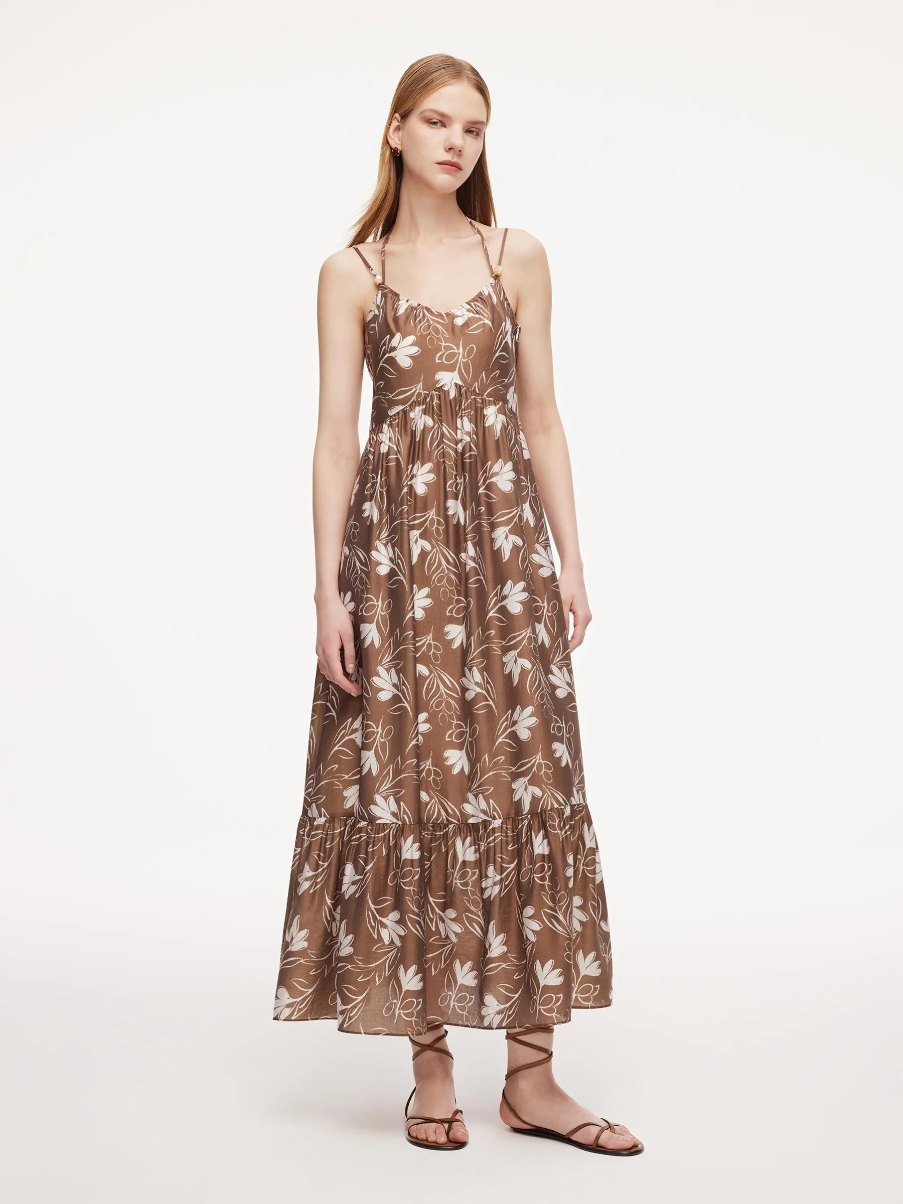 lace up front maxi dress Lace Spliced Tie Front Floral Print Maxi Dress, Pink / XS