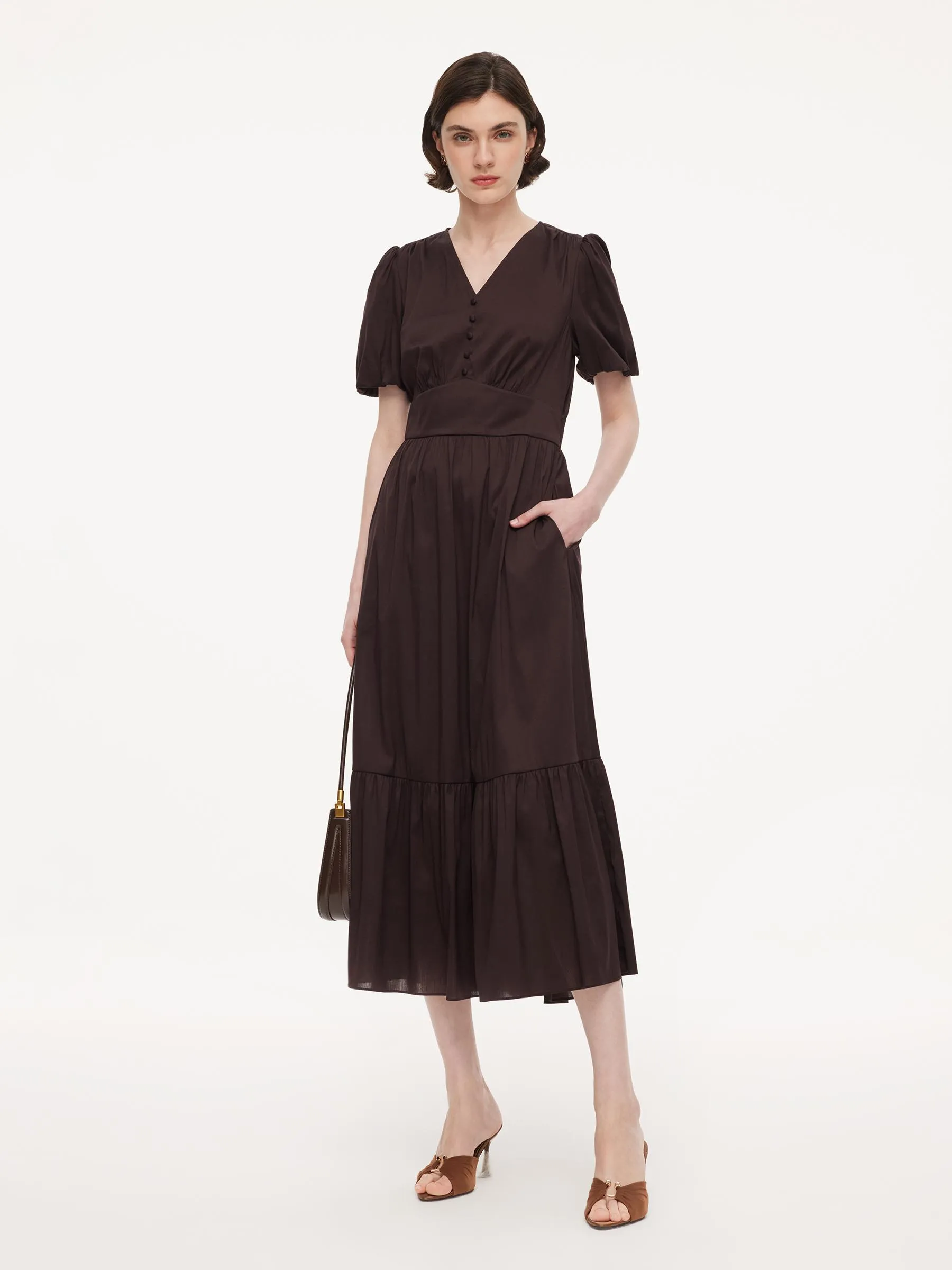 Cotton Blend V-Neck Women A-Line Tiered Maxi Dress - Goelia Singapore